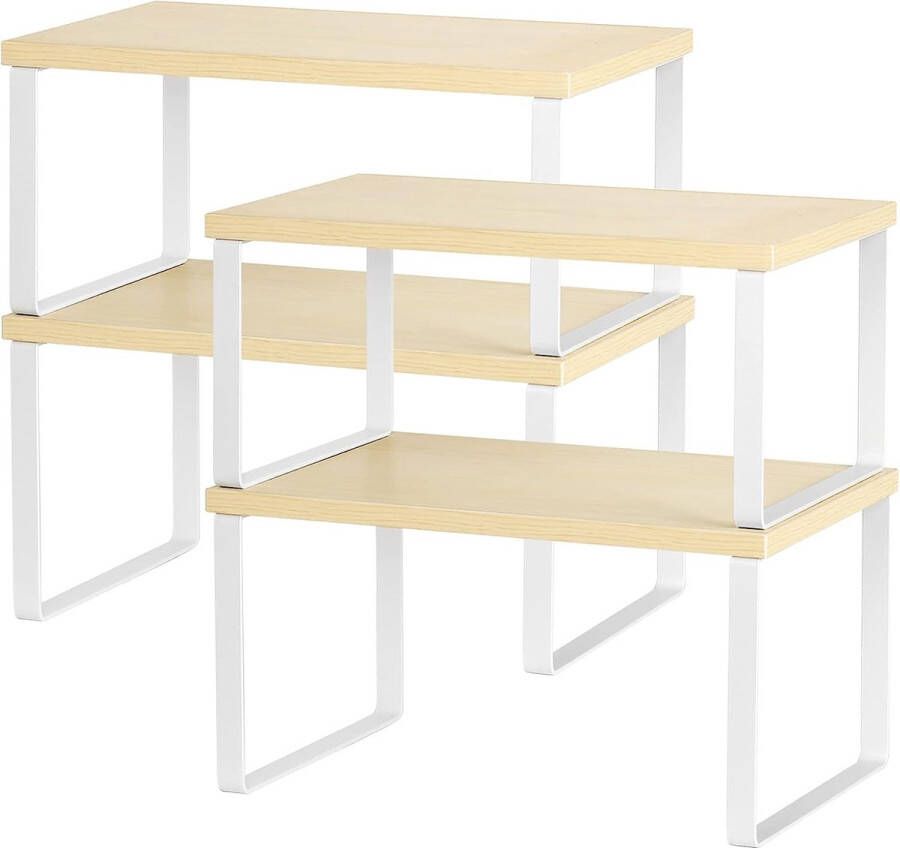 Merkloos Keukenplanken Set van 4 stapelbare kastorganizerplanken en uitbreidbare houten werkbladplanken voor badkamerstudeerkamer Wit