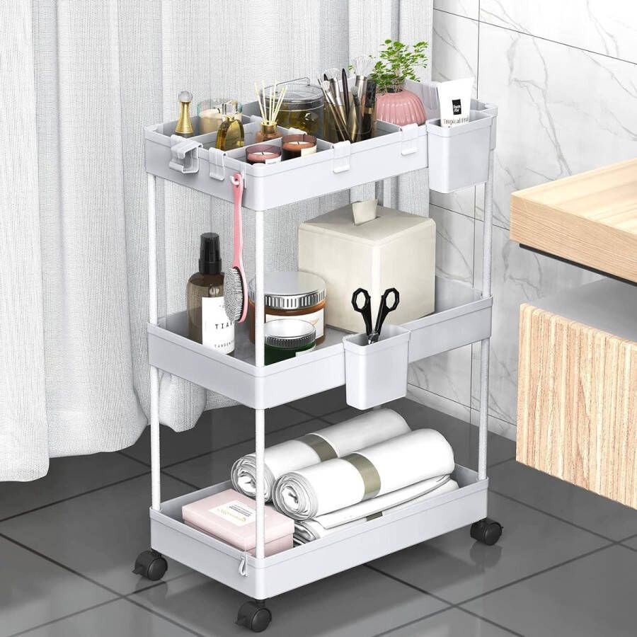 Merkloos Keukentrolley met 3 niveaus keukenplank verzonken plank op wielen badkamerplank opbergwagen voor keuken badkamer met 4 haken + 2 containers + mandverdelers