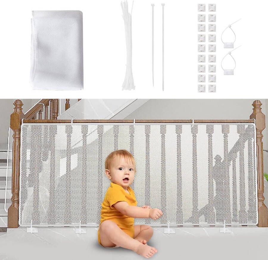 Merkloos Kinderveiligheidsnet baby-balkonleuning trapveiligheidsnet 300Lx90H cm verhoogd duurzaam trapbeschermingsnet trapleuninghek gaasbeschermingsnet voor kinderen huisdieren wit