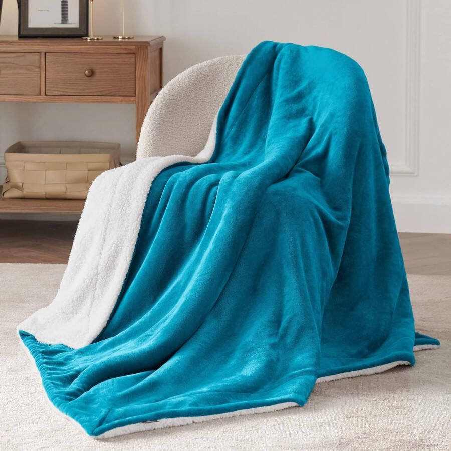 Merkloos Knuffeldeken wollig bankovertrek turquoise deken bank klein als bankdeken sprei en woonkamerdeken woondeken van zachte fleece en warme sherpa fleecedeken 130 x 150 cm