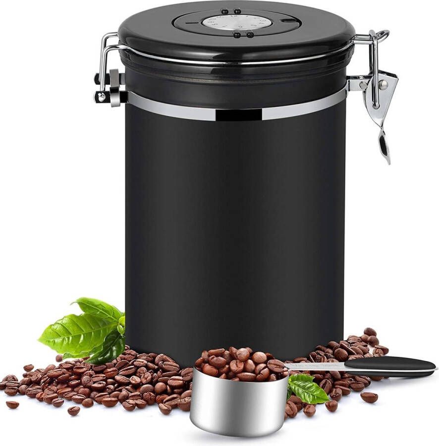 Merkloos Koffieblik luchtdicht 1kg bonen koffiepot van roestvrij staal met maatlepel zwart 2800 ml