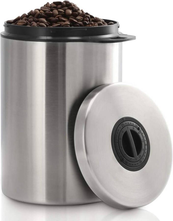 Merkloos Koffiebus voor 1 kg koffie (luchtdichte voorraadpot met aromasluiting roestvrijstalen container voor het bewaren van koffie thee cacao) zilver