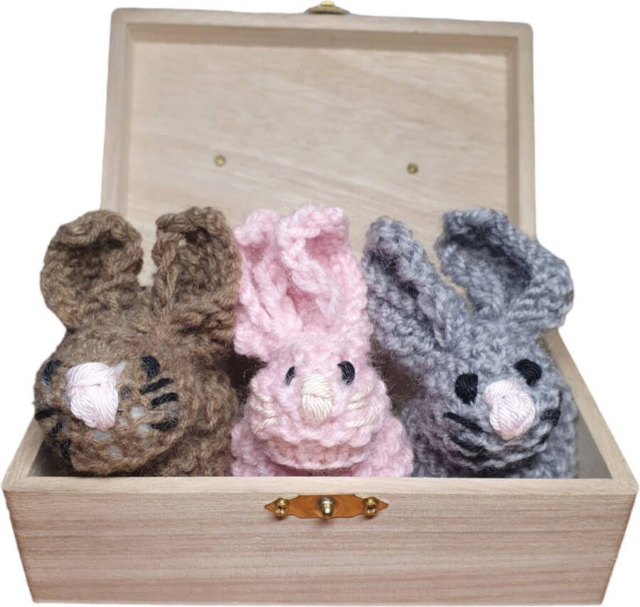 'merkloos'' Konijntjes Gebreid Poppen Set 11 cm.- Roze Grijs Bruin