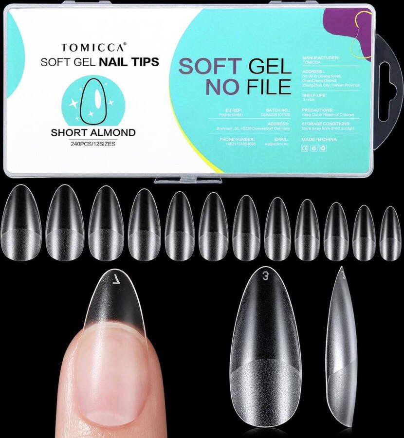 Merkloos Korte Amandel Nageltips-240 Stuks Full Cover Zachte Gel Tips Nageltips Amandel Korte Nageltips Kunstnagels Voor Nagelstudio'S En DIY Nail Art 12 Maten