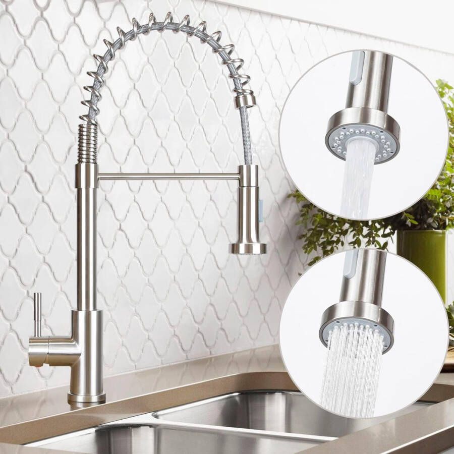 Merkloos Kraan keuken keukenkraan hoge druk wastafelarmatuur met douche uittrekbare mengkraan roestvrij staal 360° draaibare armatuur gootsteen met 2 straalsoorten keukenkraan geborsteld nikkel