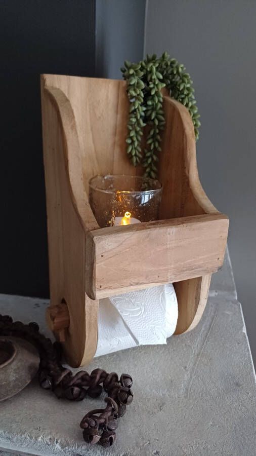 Merkloos landelijke toiletrolhouder hout met bakje