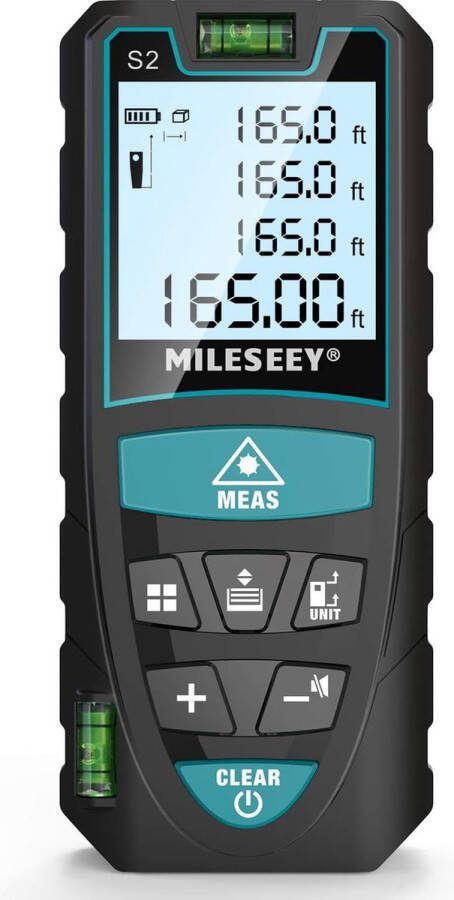 Merkloos Laserafstandsmeter 50m 165ft Mileseey Digitaal Belniveau Lasermaatregel met LCD Achtergrondverlichting & 4 Regelig Display IP54 Lengte Oppervlakte Volume Meeteenheid Polsbandje & 2 Batterijen