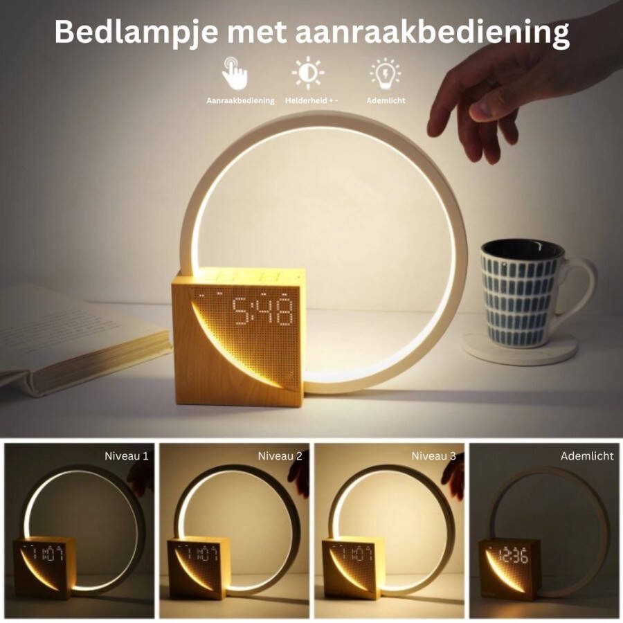 Merkloos Led-bedlampje met Wekker USB-oplaadaansluitingen Touchscreen Dimbaar Wake-up light met Twee Alarmen 10 Natuurlijke Geluiden voor Volwassenen en Kinderen 3 Helderheidsniveaus voor Slaapkamer