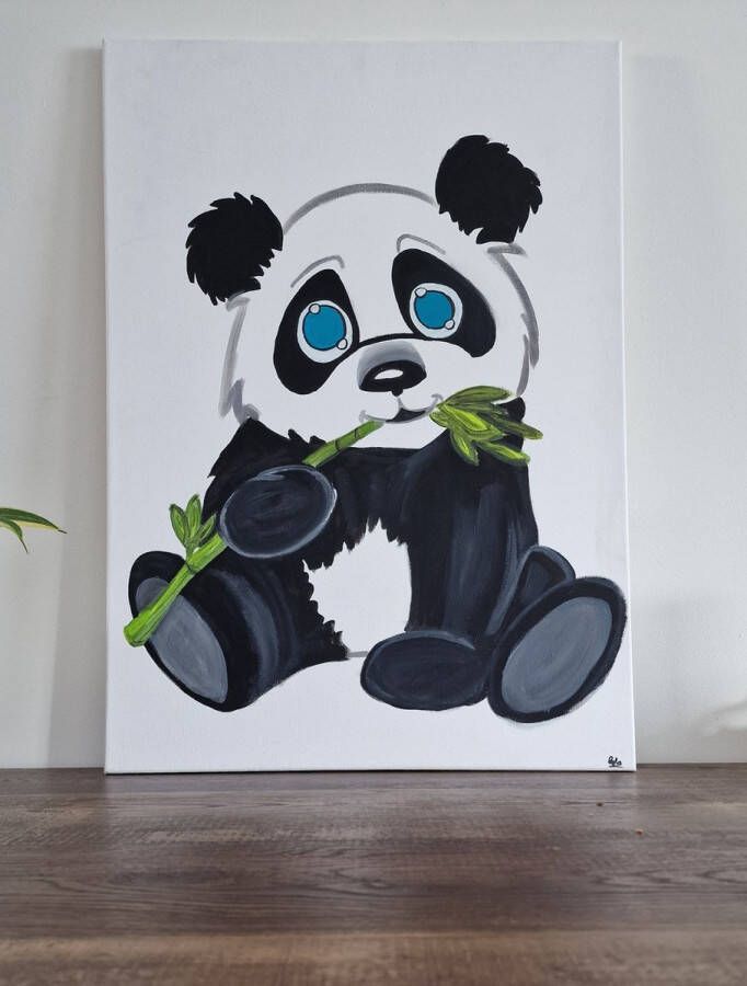 Merkloos Leyla Arts- Canvas- Schilderij- Panda- Bamboo-Love- Muurdecoratie- Acrylverf- Eetkamer-Hal-Woonkamer-Slaapkamer-babykamer- baby kinderkamer-Handmade