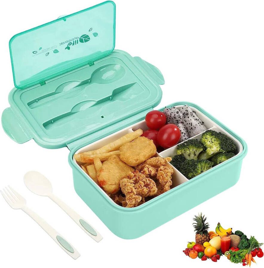 Merkloos Lunchbox met vakken 1400 ml broodtrommel voor volwassenen en kinderen lekvrije Bento Box met vork en lepel broodtrommel voor magnetron en vaatwasser school picknick reizen (groen)
