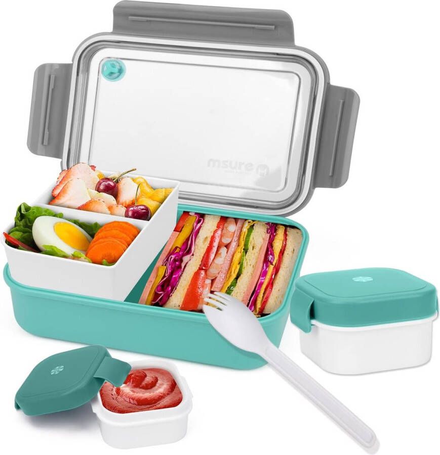 Merkloos Lunchbox voor volwassenen kinderen met vakken en yoghurtbeker om mee te nemen lekvrij broodtrommel met onderverdeling Bento Box duurzaam broodtrommel met bestek voor school werk