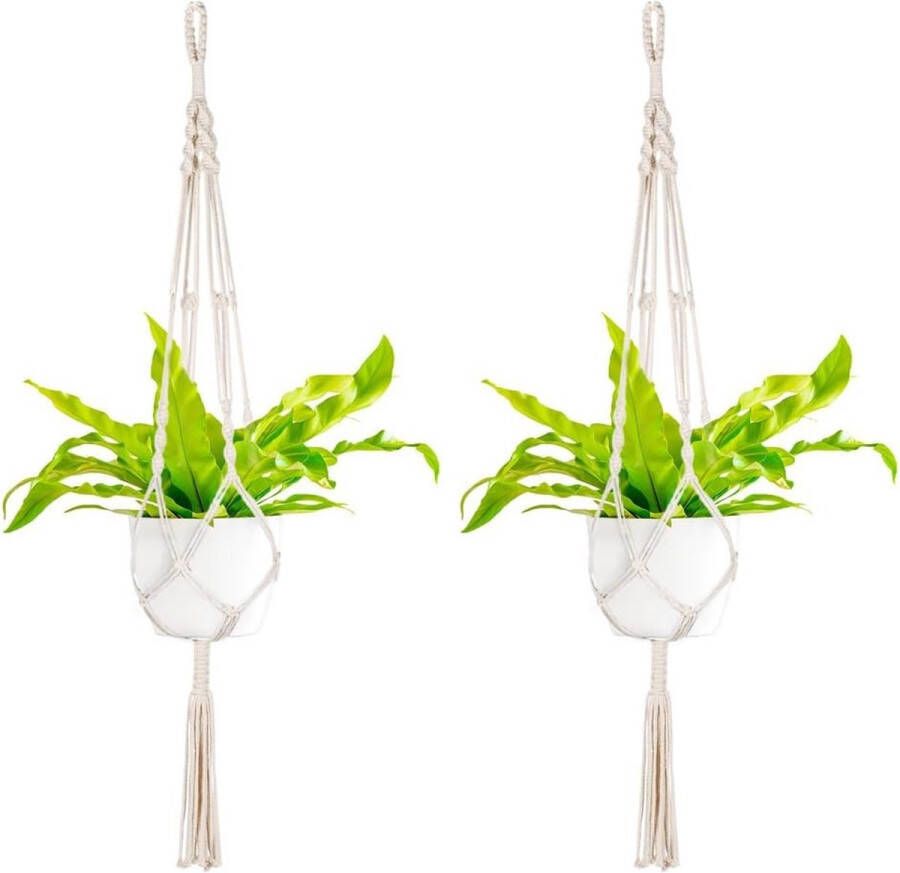 Merkloos Macramé plantenhanger set van 2 katoenen touw hanglamp bloempot plantenhouder hanger voor binnen geschenk decoratie boho (beige)