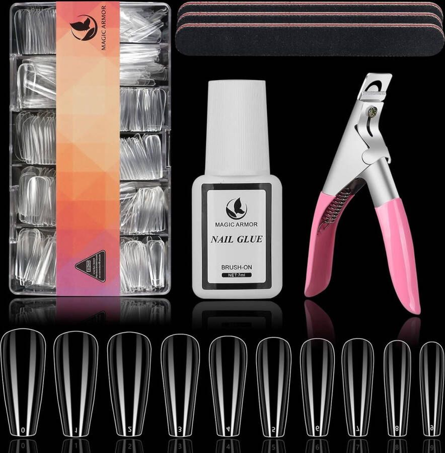 Merkloos MAGIC ARMOR 550 Piece Clear Nagelpunten Kunstmatige Nageltips Soft gel nail tips nageltips met lijm 10 Sizes Volledige dekking Kunstmatige nagels en nagellijm nagelvijlen