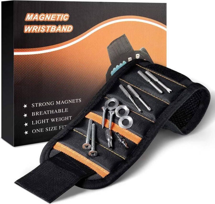Merkloos Magnetische herenarmband Heren gereedschapsriem met 15 sterke magneten voor het vasthouden van schroeven spijkers boren magnetische armband cadeaus voor man vader doe-het-zelf ambachtslieden elektricien echtgenoot (zwart)