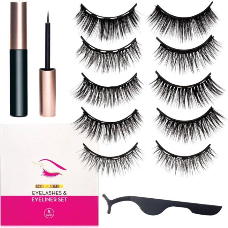 Merkloos Magnetische Wimpers Magnetische Eyeliner en Wimpers Kit 5 paar Herbruikbare 3D Valse Wimpers met Pincet Geen lijm Waterdichte Eyeliner Natuurlijke Uitstraling