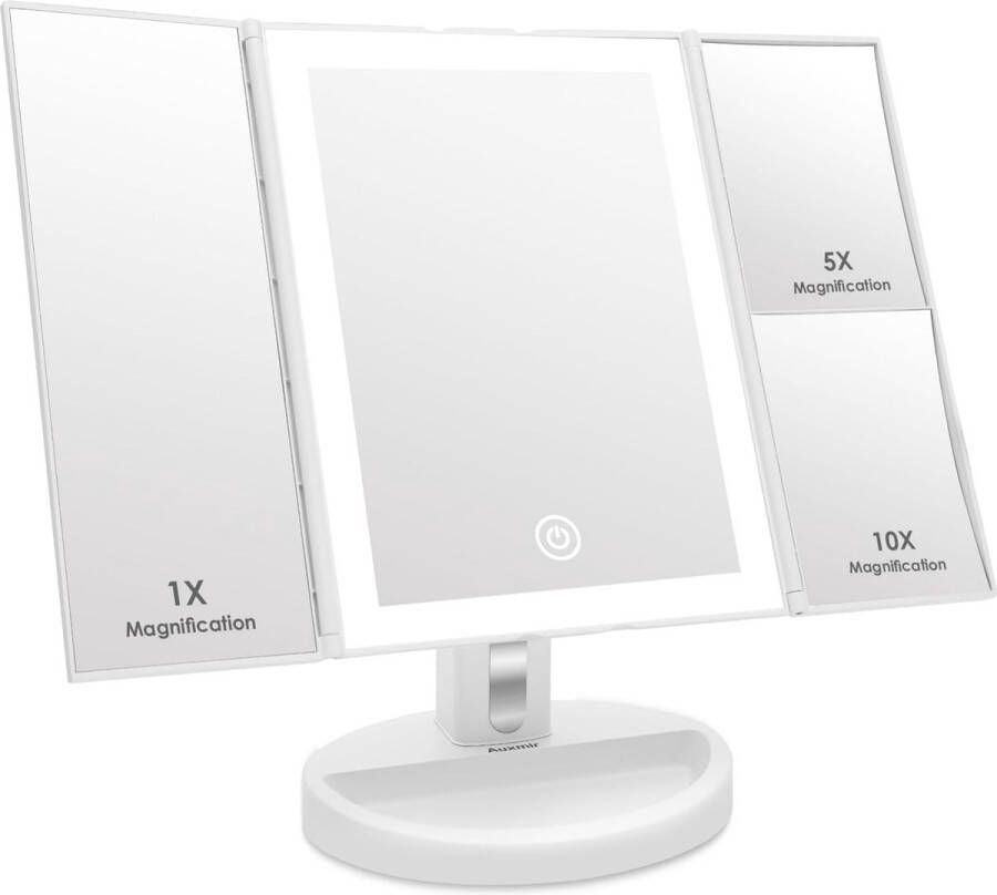 Merkloos Make-up spiegel 3-Zijdige Spiegel met LED-Verlichting en Touchscreen 1x 5x 10x Vergroting Werkt op Batterijen en USB Aanrecht Cosmetische Spiegel (Wit)