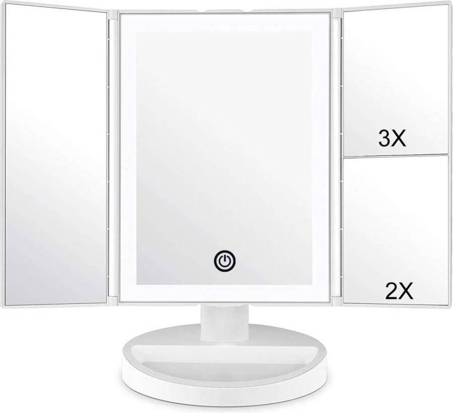 Merkloos Make-up spiegel met LED-Verlichting en Touchscreen Drievoudig 1x 2x 3x Vergroting 180 ° Verstelbare Rotatie Werkt op Batterijen en USB Aanrecht Cosmetische Spiegel (Wit)
