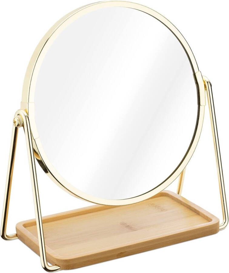 Merkloos make-up spiegel met sieradentray Tafelspiegel met opbergruimte voor sieraden Staande cosmetische spiegel met 2x vergroting Goudkleurig
