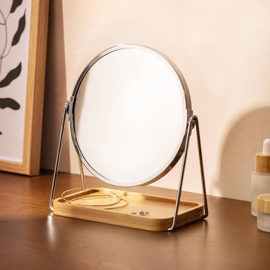 Merkloos make-up spiegel met sieradentray Tafelspiegel met opbergruimte voor sieraden Staande cosmetische spiegel met 2x vergroting Zilverkleurig