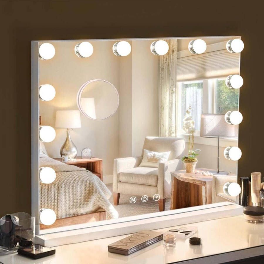 Merkloos Make-up Spiegel met Verlichting 14 LED-lamp Dresse Spiegel Hollywood Spiegel met USB oplaadpoort 3 kleurtemperaturen grote make-upspiegel voor slaapkamer kleedkamer