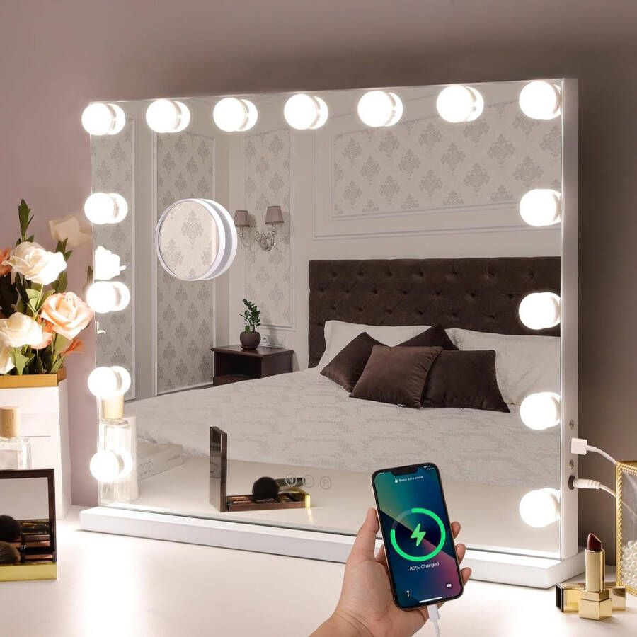 Merkloos Make-up Spiegel met Verlichting 15 LED-lamp Dresse Spiegel Hollywood Spiegel met USB oplaadpoort 3 kleurtemperaturen grote make-upspiegel voor slaapkamer kleedkamer