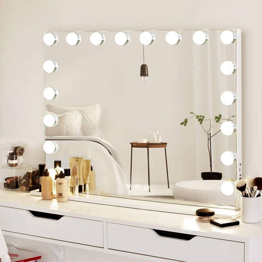 Merkloos Make-up Spiegel met Verlichting 18 LED-lamp Dresse Spiegel Hollywood Spiegel met USB oplaadpoort 3 kleurtemperaturen grote make-upspiegel voor slaapkamer kleedkamer