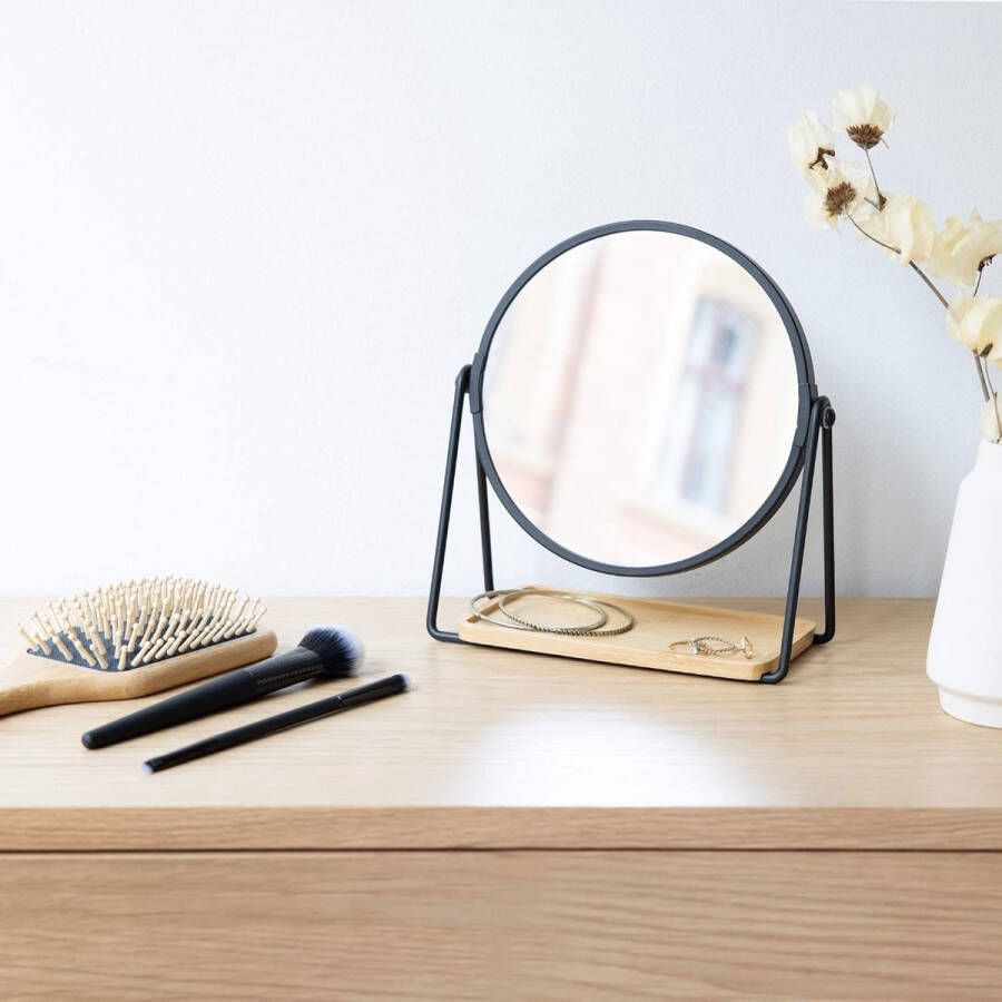 Merkloos make-up spiegel Tafelspiegel met opbergruimte voor sieraden Staande cosmetische spiegel met 2x vergroting Zwart