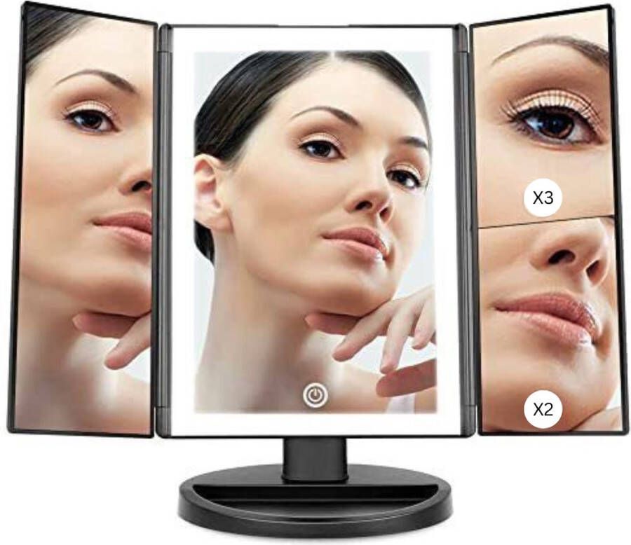 Merkloos Make-up Spiegel WEILY Tri fold Make-up Spiegel met 2x 3x Vergroting 36 LED-verlichting Tafelblad Cosmetische Make-up Spiegel(Zwart)