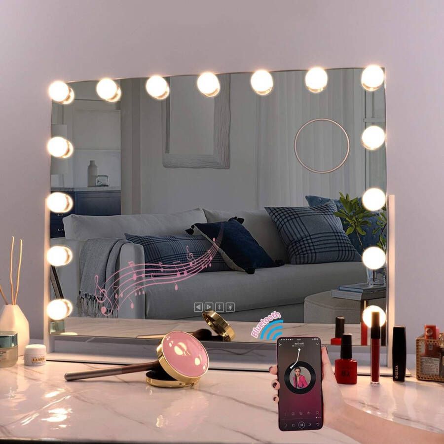 Merkloos make-upspiegel met verlichting 360° draaibare Hollywood-spiegel met USB & Bluetooth 3-kleurentemperatuurlicht make-upspiegel met 15 dimbare LED-aanraakbedieningen make-upspiegel