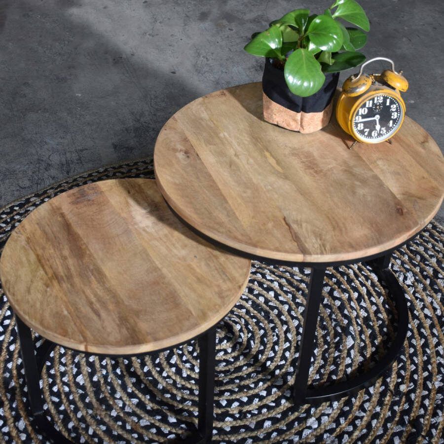 Merkloos Mangohouten Salontafel Set van 2 ronde salontafels industrieel