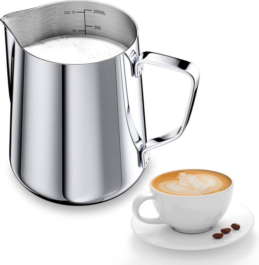 Merkloos Melkkannetje voor het opschuimen van melk 350 ml inhoud 304 roestvrij staal melkkan met inhoudsaanduiding voor barista s melkpitcher voor cappuccino espresso latte kunst perfect voor koffieliefhebbers zilverkleurig