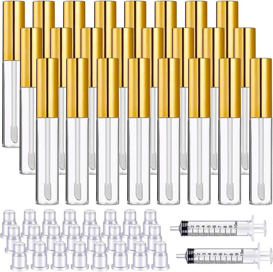 Merkloos' 24 stuks 10 ml transparante lipgloss buizen met borsteltip navulbare lippenglazuur container lippenbalsem fles en 2 stuks 10 ml plastic spuit voor doe-het-zelf make-up (goud)