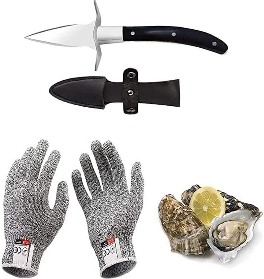 'merkloos'' HENGYUE Oestermes en snijbestendige handschoenen oesterkurkentrekker van roestvrij staal met handschoenen beschermingsklasse 5 (L voor schelpen of harde kaas