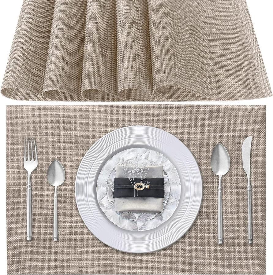 Merkloos Placemats afwasbaar set van 6 pvc hittebestendig antislip placemats voor keuken eettafel hotel 45 x 30 cm (donkerbeige)