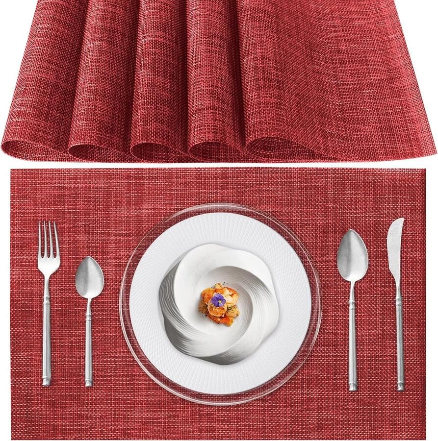 Merkloos Placemats afwasbaar set van 6 stuks pvc hittebestendig antislip placemats voor keuken eettafel hotel 45 x 30 cm rood