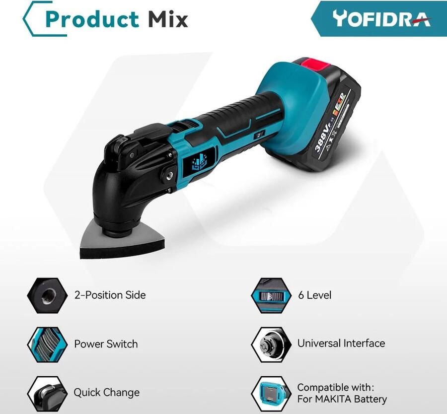 Merkloos Plein Yofidra Multitool Oscillerend Geschikt Voor Makita 18v Accu 6 Aan Te Passen Niveaus 7 Opzetstukken & 15x Schuurpapier Blauw