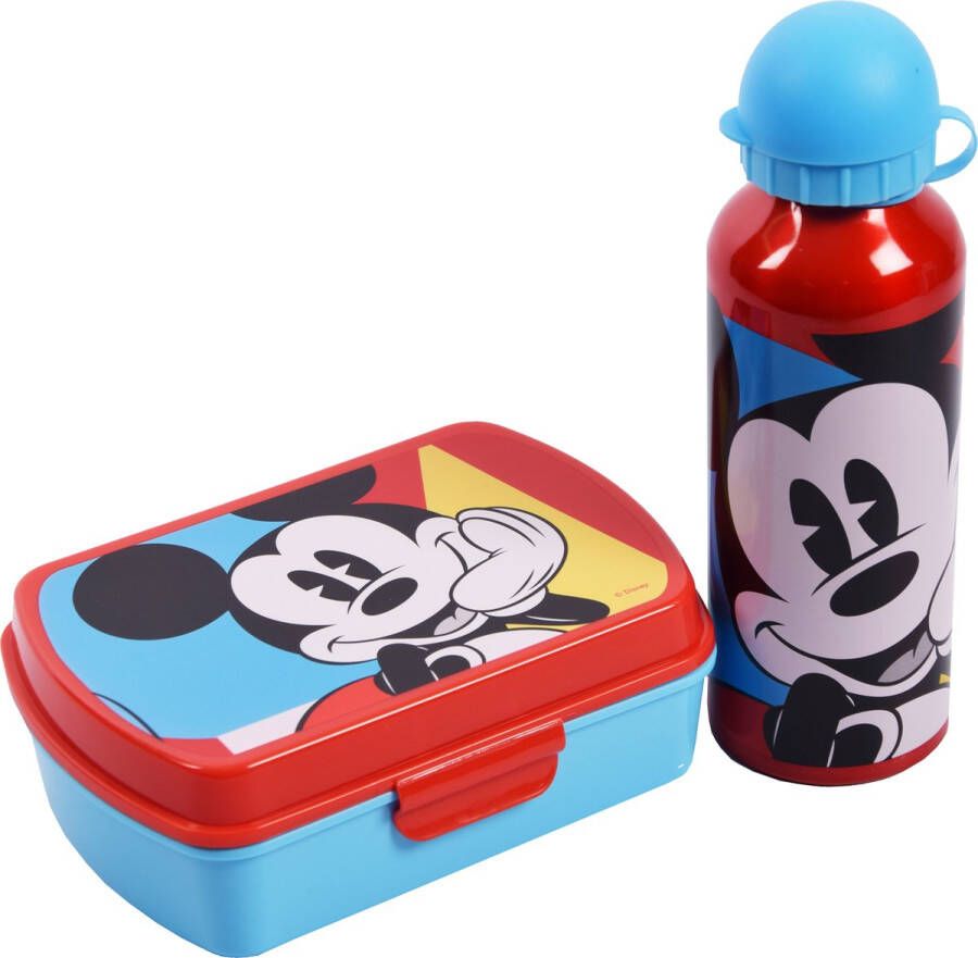 Merkloos Mickey mouse lunchset met waterfles 450ml en broodtrommel Mickey mouse Aluminium Waterfles – Blauw Broodtrommel Mickey mouse