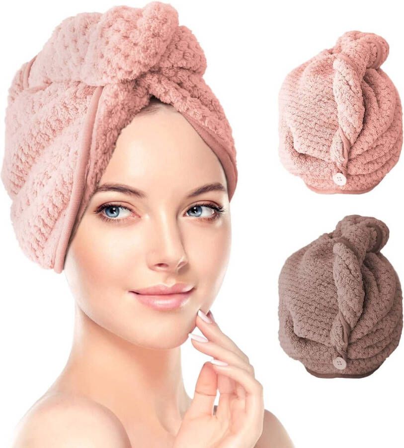 Merkloos Microvezel haarhanddoek wrap 2 stuks haartulband handdoek super absorberende twist tulband droog haar caps met knopen badlus vastmaken salon droog haar hoed (roze en bruin)
