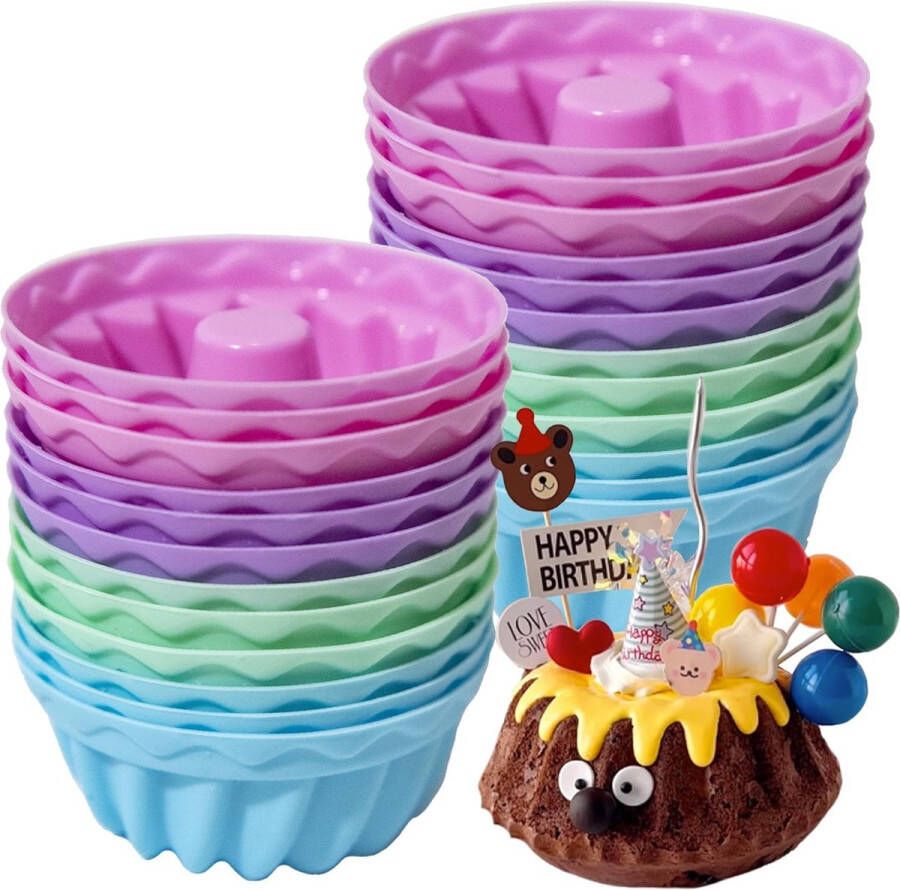 Merkloos Mini-bundt-cakevorm siliconen 24-delig bundt-cupcake-bakvorm herbruikbare muffin cupcake kleine cakevorm mini-bundt-cake Diameter 6 5 cm hoogte 3 5 cm (roze-24-set)