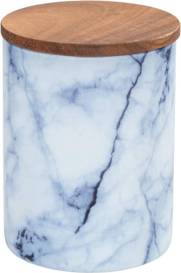 Merkloos Mio bewaardoos van borosilicaatglas in marmerlook in blauw wit met luchtdicht afsluitbaar deksel van FSC -gecertificeerd bruin acaciahout 0 5 l 11 x 8 5 cm