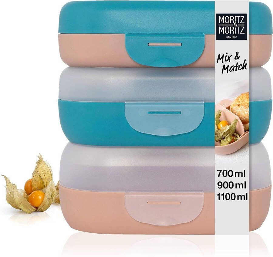 Merkloos Moritz & Moritz 3 x broodtrommel voor kinderen met vakken Mix & Match lunchbox voor kinderen kleurrijke broodtrommel voor kinderen bento box voor kinderen