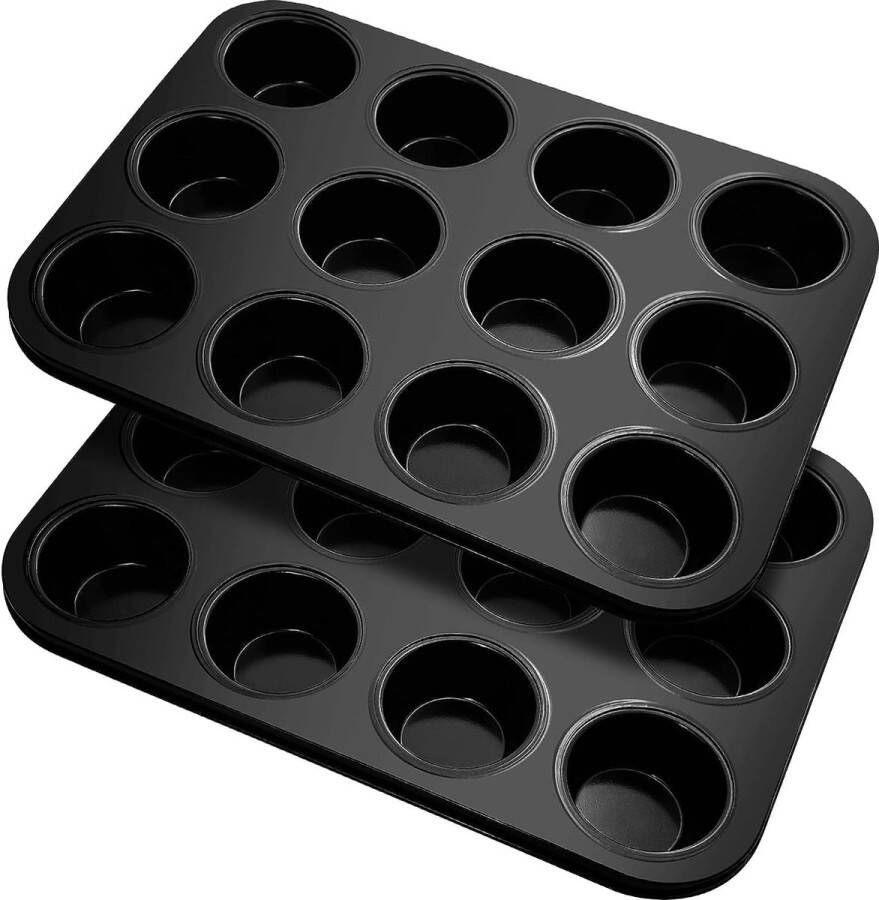 Merkloos Muffinvorm set van 2 koolstofstaal muffinplaten voor 12 muffins anti-aanbaklaag muffinvorm plaatstaal muffinplaat muffinvorm muffinvormen bakplaat