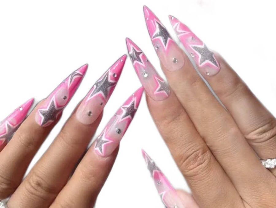 Merkloos Nep nagels Plak nagels 24 stuks Almond shape Roze ster Kunstnagels Press on nails Almond shape nails Lange nagels