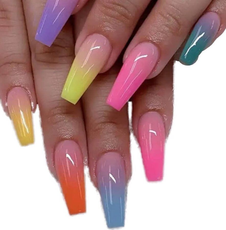 Merkloos Nep nagels Plak nagels 24 stuks Coffin shape Regenboog kleuren Kunstnagels Press on nails Coffin shape nails Lange nagels