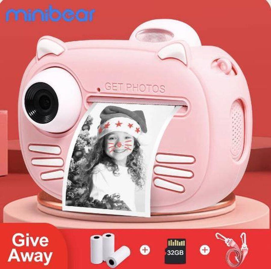 Merkloos (NEW 2023) 4 in1 Digitale kindercamera 40MP HD Dual Lens 1080P HD Video Instant Print Siliconen Hoes Roze