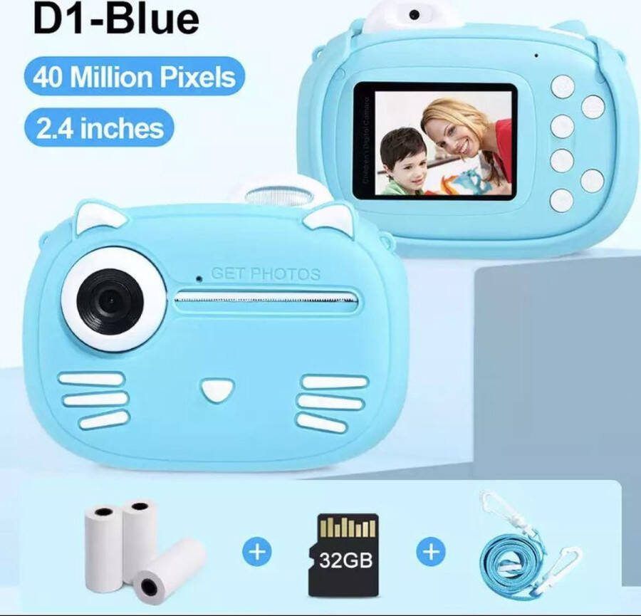 Merkloos (NEW 2024) 4 in1 Digitale kindercamera 40MP HD Dual Lens 1080P HD Video Instant Print Siliconen Hoes Blauw