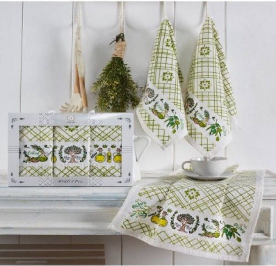 Merkloos Niteliks 3-delige Keukenhanddoek Set Premium Olijventhema (40x60 cm)