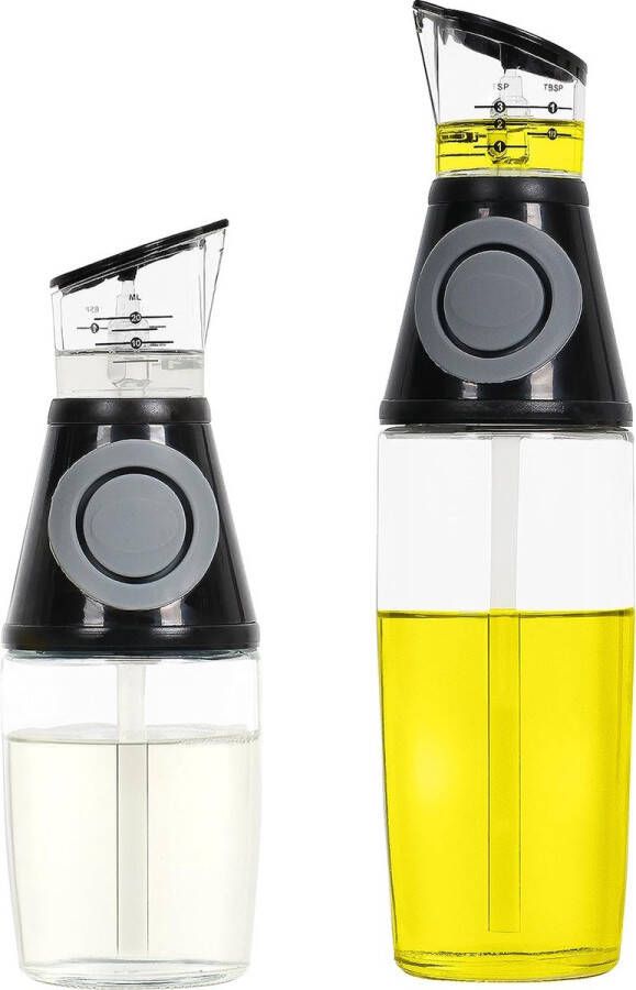 Merkloos Oliedispenser [2 stuks] 250 ml & 500 ml azijn en oliefles set met maatschaal etiketten grote opening oliedispenser glas voor eenvoudig bijvullen BPA-vrije azijn & olijfolie fles