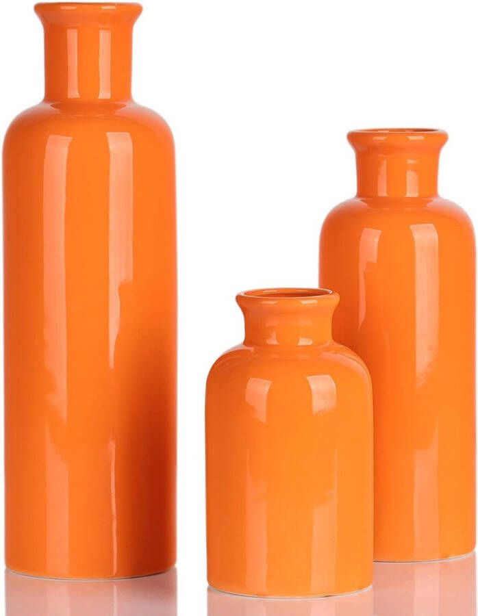 Merkloos Oranje keramische vazen set van 3 kleine bloemenvazen voor decor moderne rustieke boerderij home decor decoratieve vazen voor pampasgras en gedroogde bloemen idee plank tafel boekenkast jas