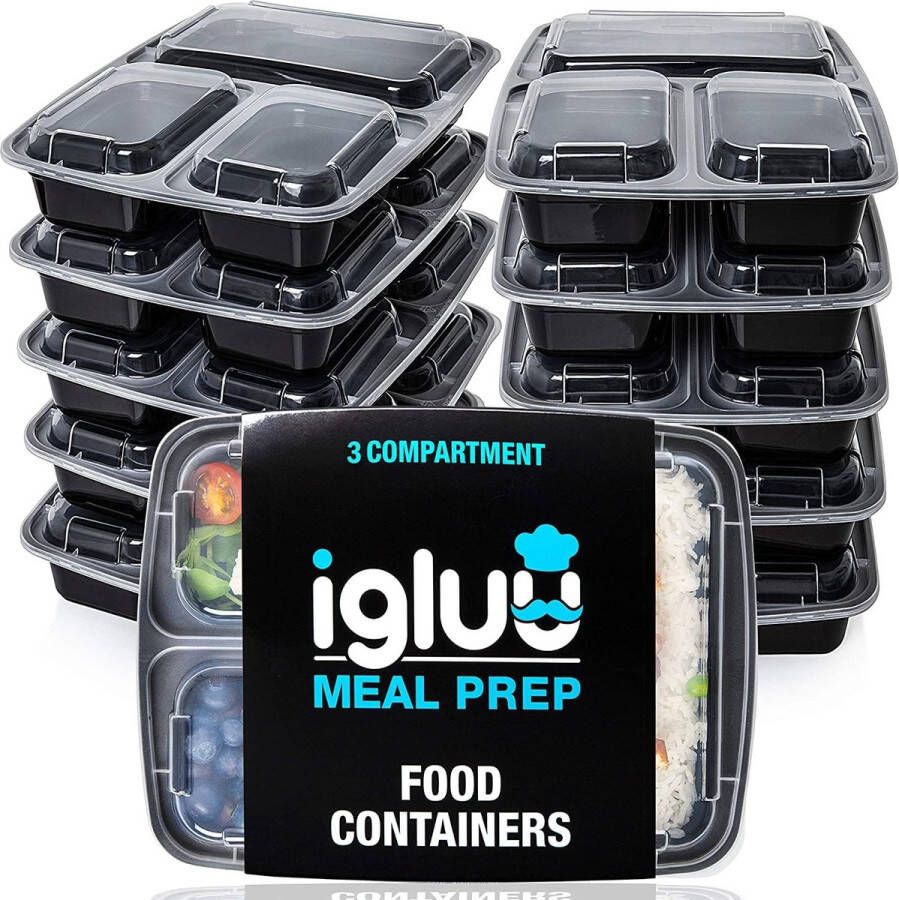 Merkloos Pak van 10] 3-vaks maaltijdbereidingscontainers van Igluu ​​- Voedseldoos Lunchbox Magnetronbestendig vaatwasmachinebestendig en herbruikbaar Luchtdichte dekselsluiting BPA-vrij